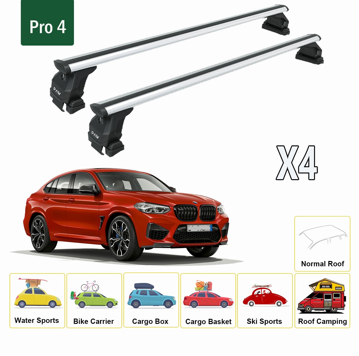 For BMW X4 2015-Up Roof Rack System, Aluminium Cross Bar, Metal Bracket, Normal Roof, Silver For BMW X4 2015-Up Roof Rack System, Aluminium Cross Bar, Metal Bracket, Normal Roof, Silver